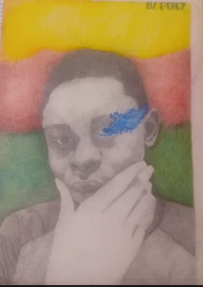 Percy's pencil self-portrait, hand resting on his chin, over a yellow, red and green background.