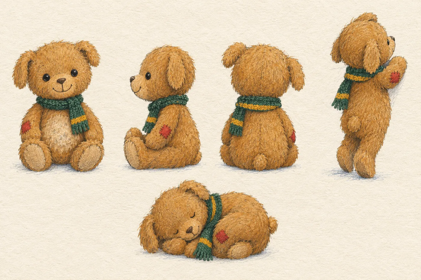 A sketchbook page showing Duffle the bear in five poses: sitting, side view, back view, on tiptoe and asleep.