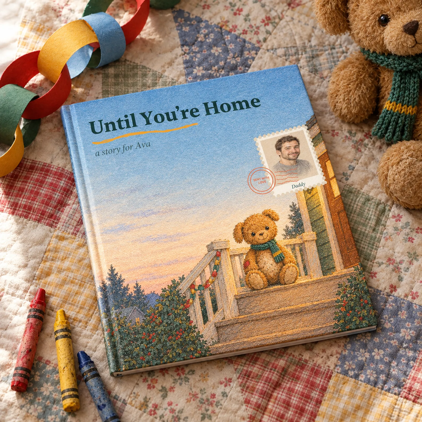 The personalized book Until You're Home, made for a child named Ava, lying on a patchwork quilt beside a paper chain, crayons and a small teddy bear in a green scarf.