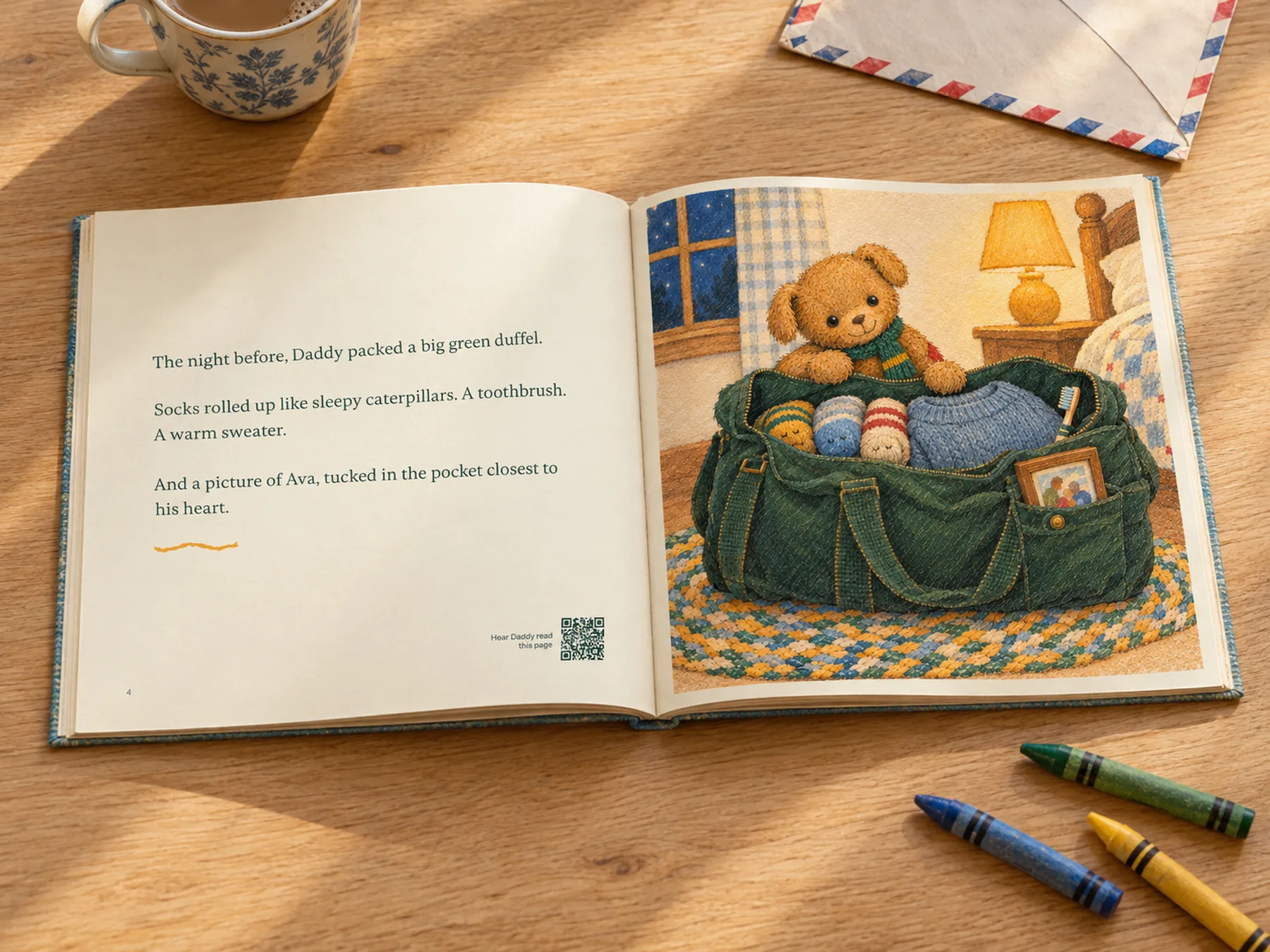 The book open to a page that reads 'The night before, Daddy packed a big green duffle,' with a small voice square in the corner and an illustration of the bear peeking out of a green duffle bag.