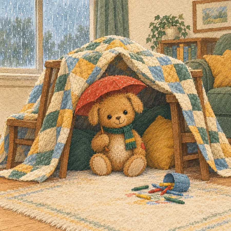 Duffle with a small red umbrella at the door of a blanket fort on a rainy day.