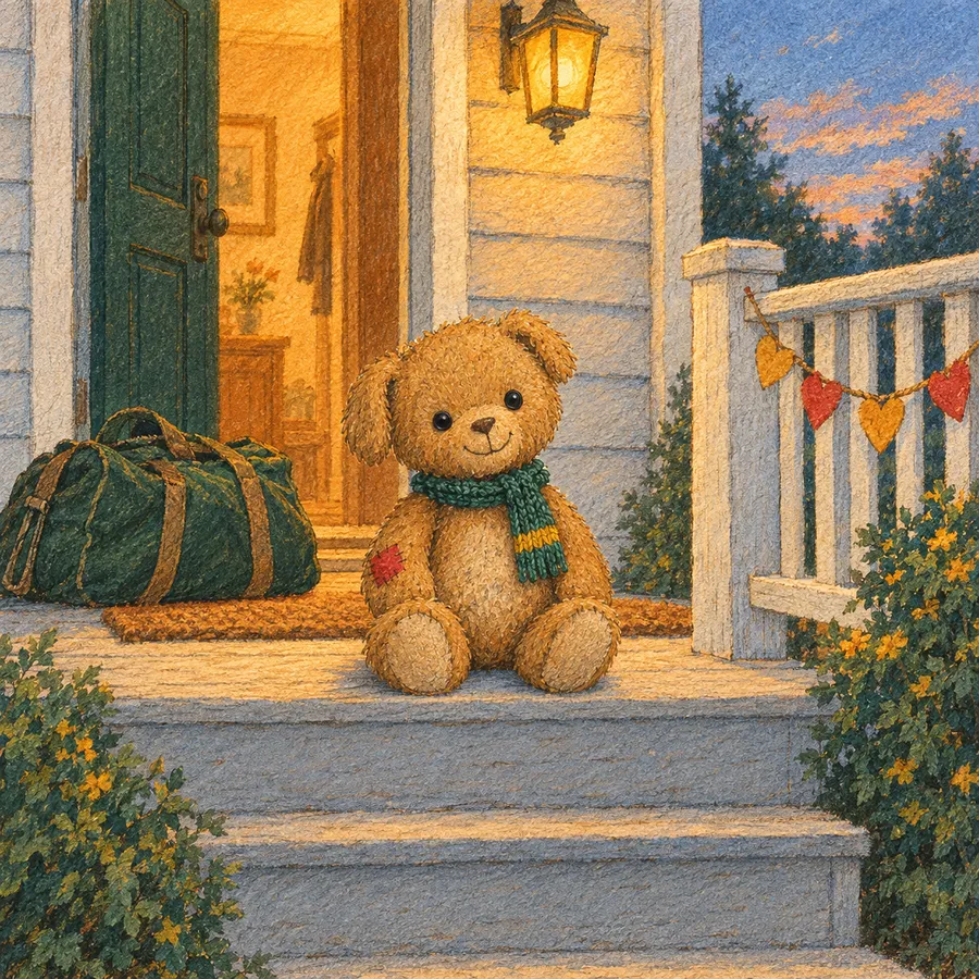 Duffle on a porch step at dusk beside a duffle bag, porch light glowing.